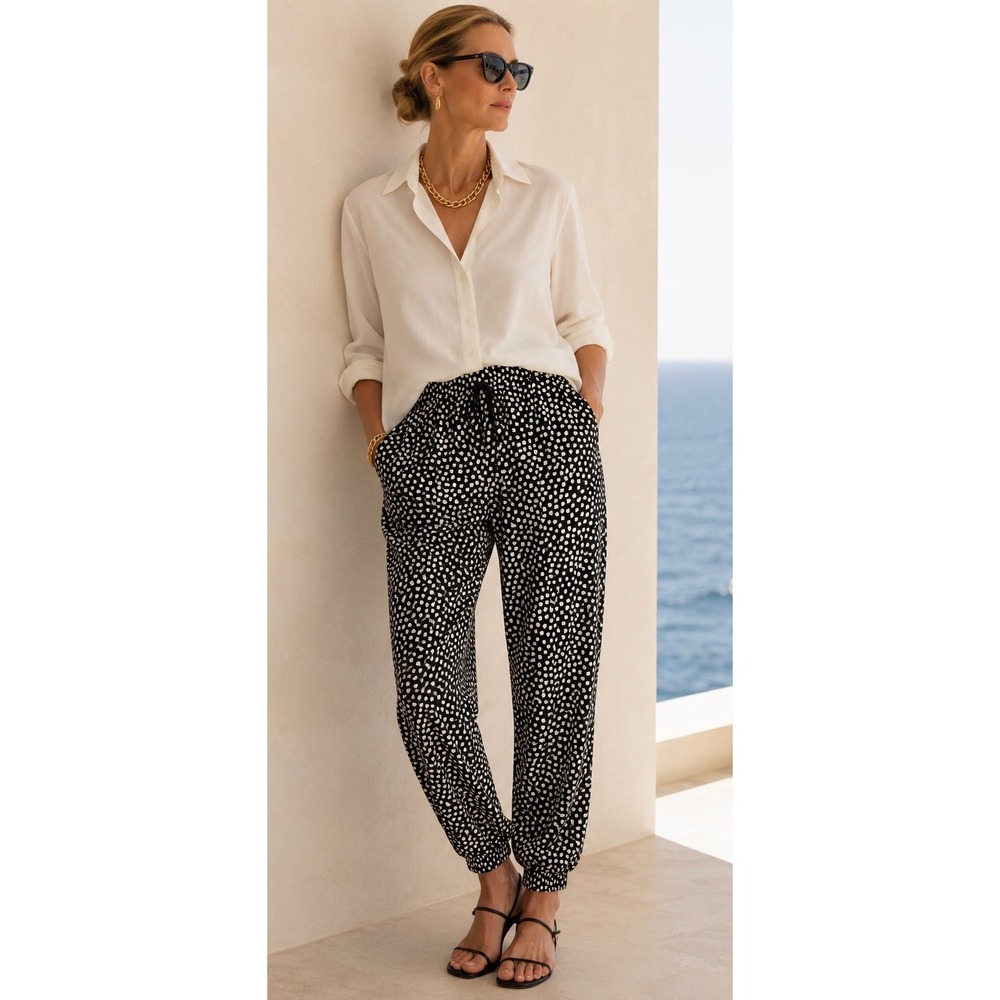 MaxMara Black White Print  Wide Leg 100% Silk Jogger Pants Size US 10‎